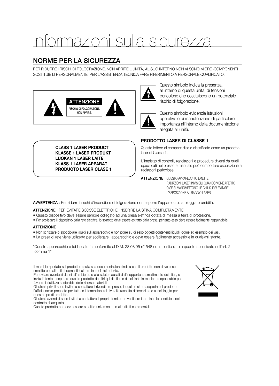 Samsung HT-BD2R/XET, HT-BD2R/XEF manual Informazioni sulla sicurezza, Norme per la sicurezza 