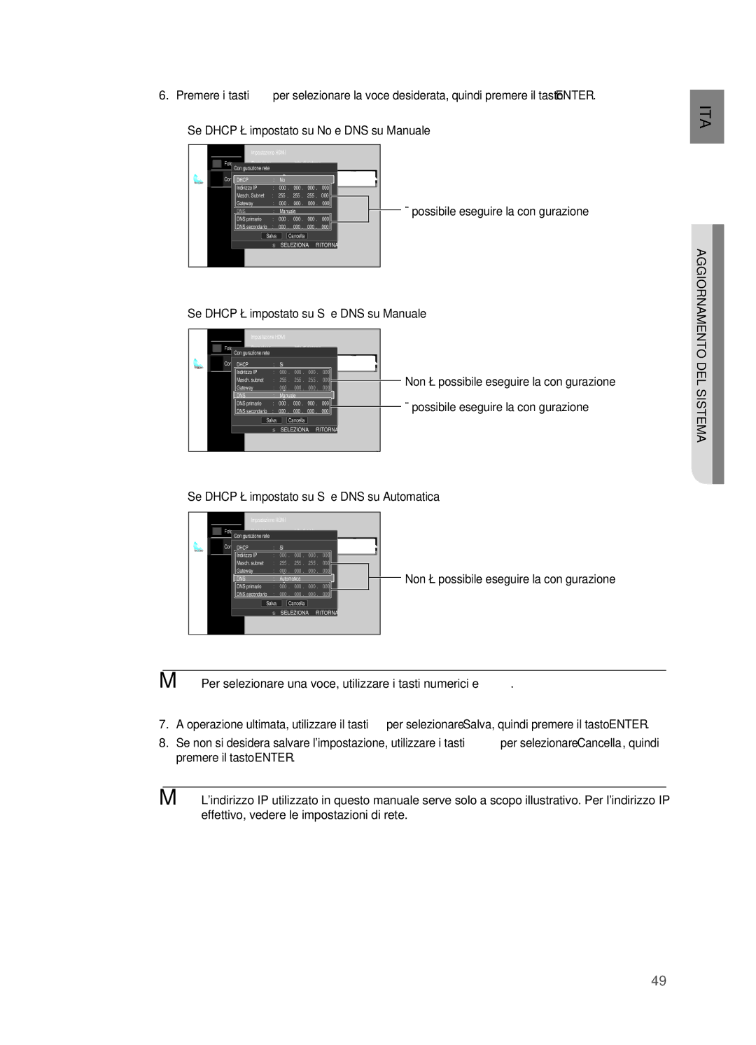 Samsung HT-BD2R/XEF, HT-BD2R/XET Se Dhcp è impostato su Sì e DNS su Manuale, Se Dhcp è impostato su Sì e DNS su Automatica 