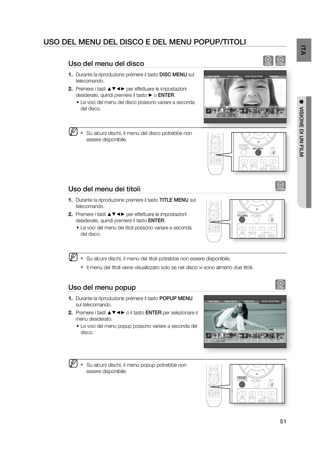 Samsung HT-BD2R/XEF manual USO DEL Menu DEL Disco E DEL Menu POPUP/TITOLI, Uso del menu dei titoli, Visione DI UN Film 