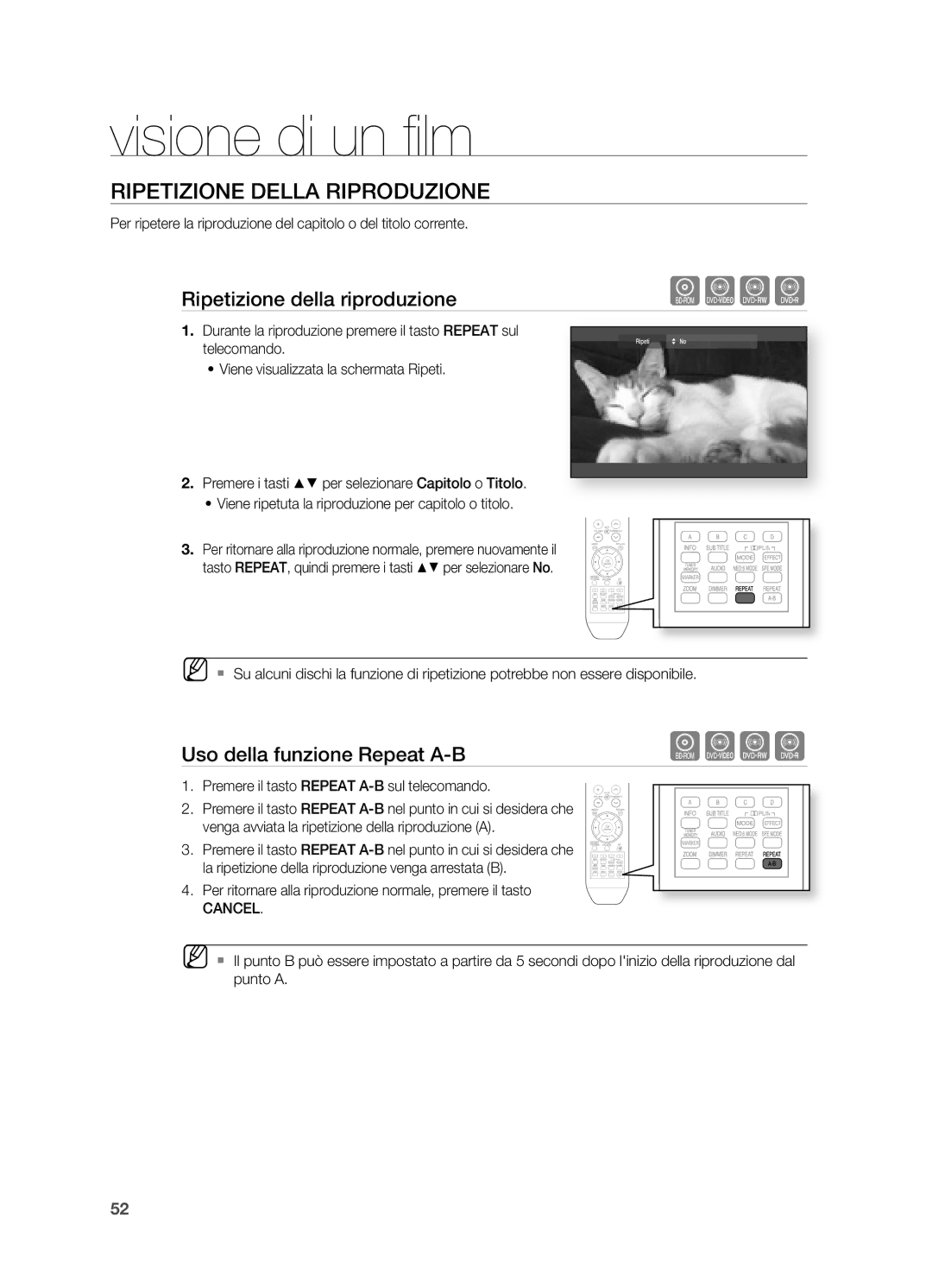 Samsung HT-BD2R/XET RIPETIzIONE Della RIPRODUzIONE, Ripetizione della riproduzione, Uso della funzione Repeat A-B, Cancel 