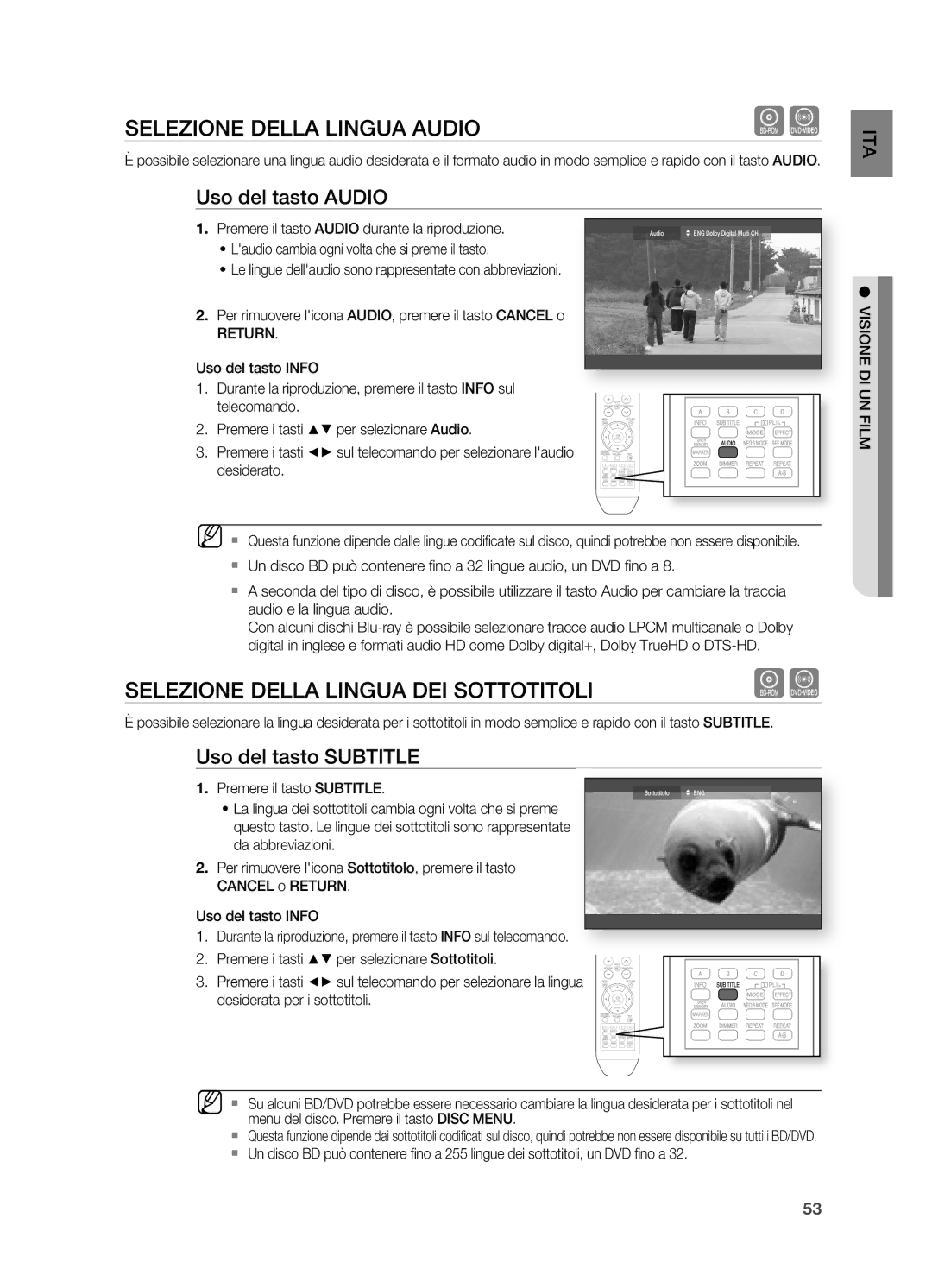 Samsung HT-BD2R/XEF SELEzIONE Della Lingua Audio, SELEzIONE Della Lingua DEI Sottotitoli, Uso del tasto Audio, Return 