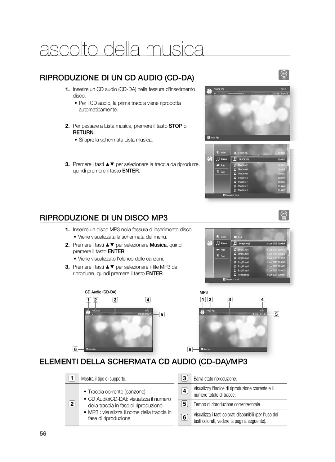 Samsung HT-BD2R/XET, HT-BD2R/XEF Ascolto della musica, RIPRODUzIONE DI UN CD Audio CD-DA, RIPRODUzIONE DI UN Disco MP3 