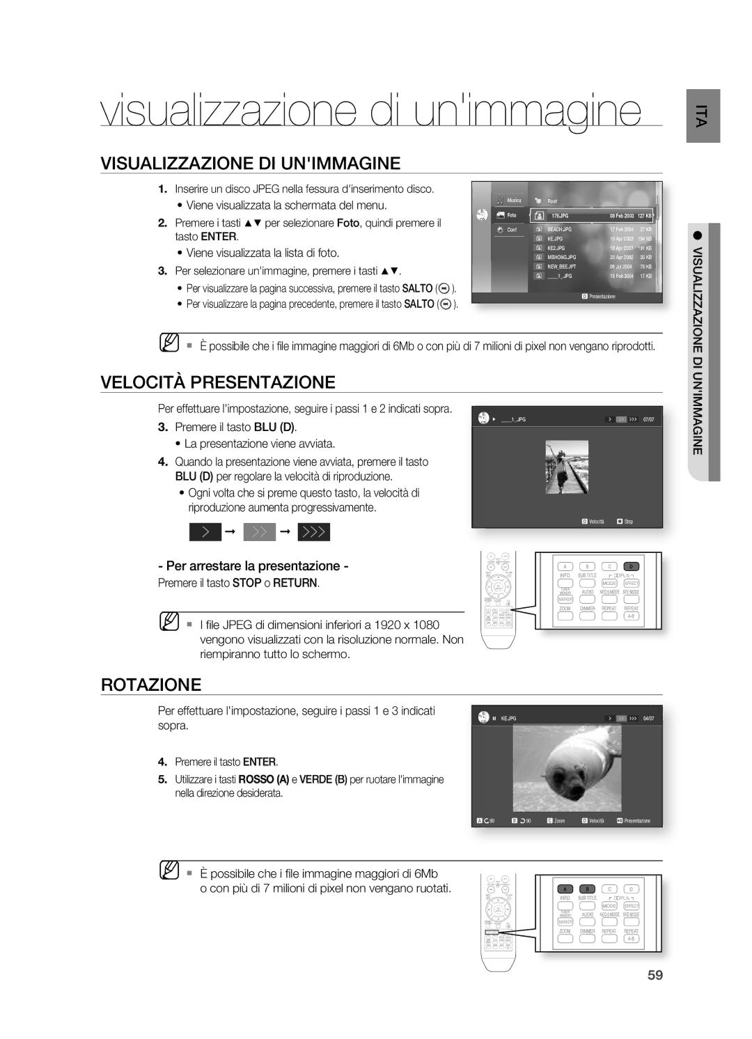 Samsung HT-BD2R/XEF manual VISUALIzzAzIONE DI Unimmagine, Velocità PRESENTAzIONE, ROTAzIONE, Per arrestare la presentazione 