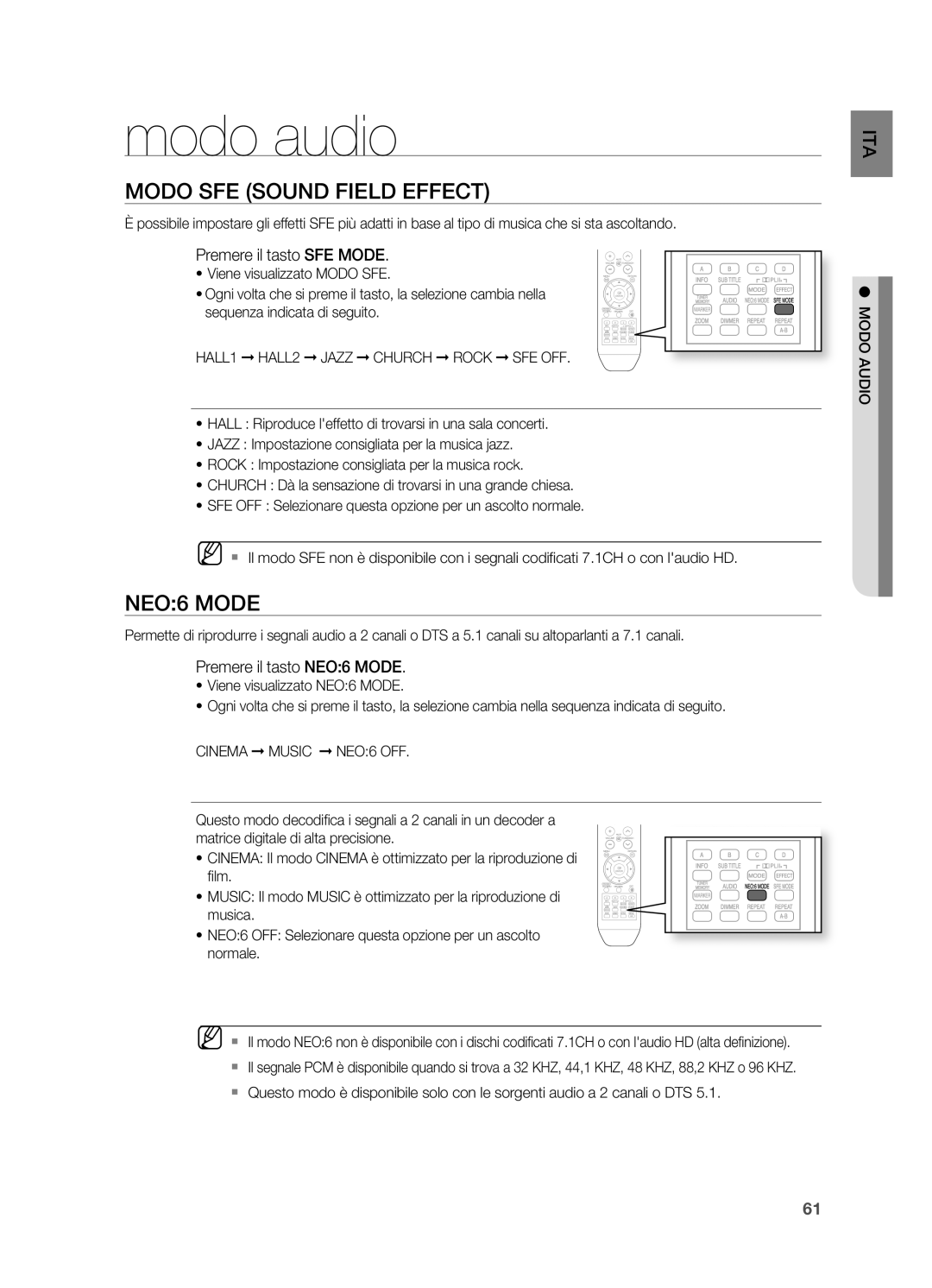 Samsung HT-BD2R/XEF, HT-BD2R/XET manual Modo audio, Modo SFE Sound Field Effect, NEO6 Mode, Premere il tasto SFE Mode 