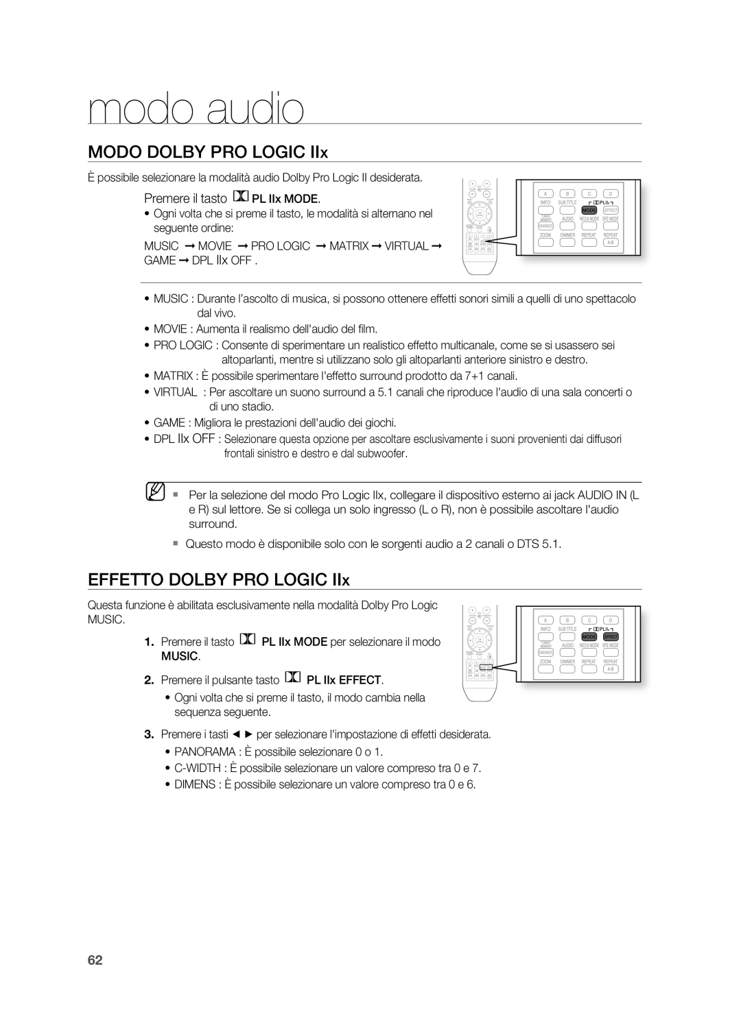 Samsung HT-BD2R/XET, HT-BD2R/XEF manual Modo Dolby PRO Logic, Effetto Dolby PRO Logic, Premere il tasto PL IIx Mode, Music 