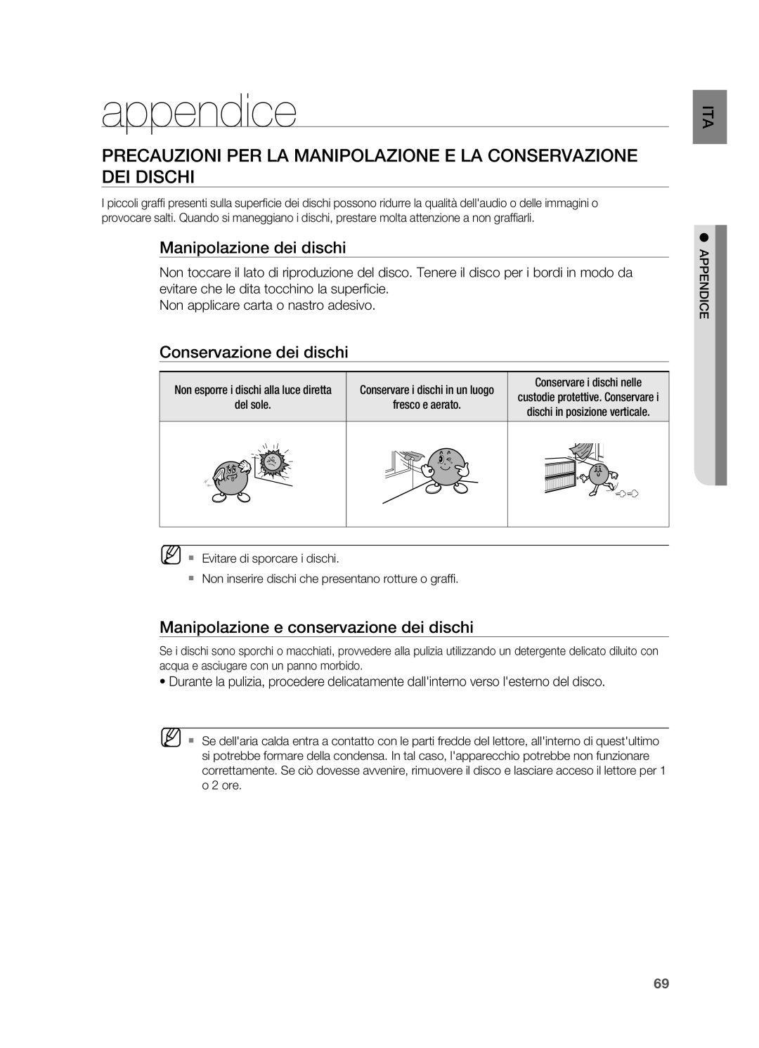 Samsung HT-BD2R/XEF, HT-BD2R/XET manual Appendice, Manipolazione dei dischi, Conservazione dei dischi 