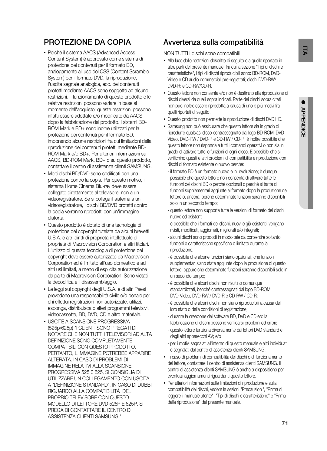 Samsung HT-BD2R/XEF, HT-BD2R/XET Protezione DA Copia, Avvertenza sulla compatibilità, NON Tutti i dischi sono compatibili 