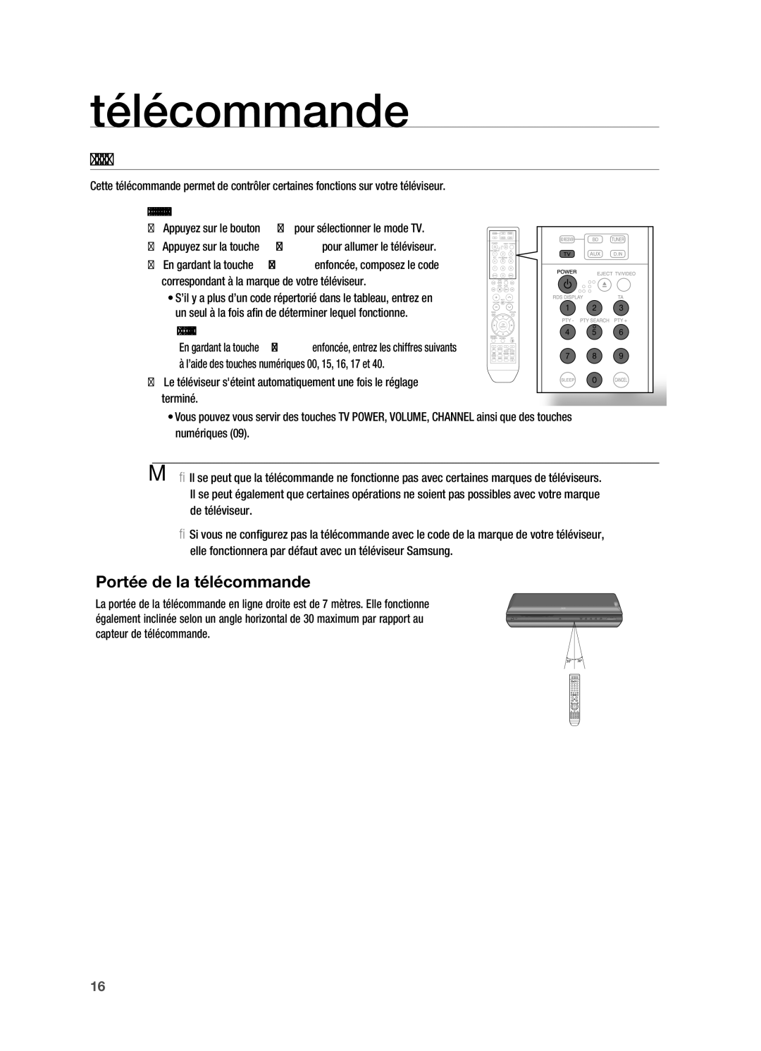 Samsung HT-BD2R/XEF manual Réglage DE LA Télécommande, Exemple Pour un téléviseur Samsung 