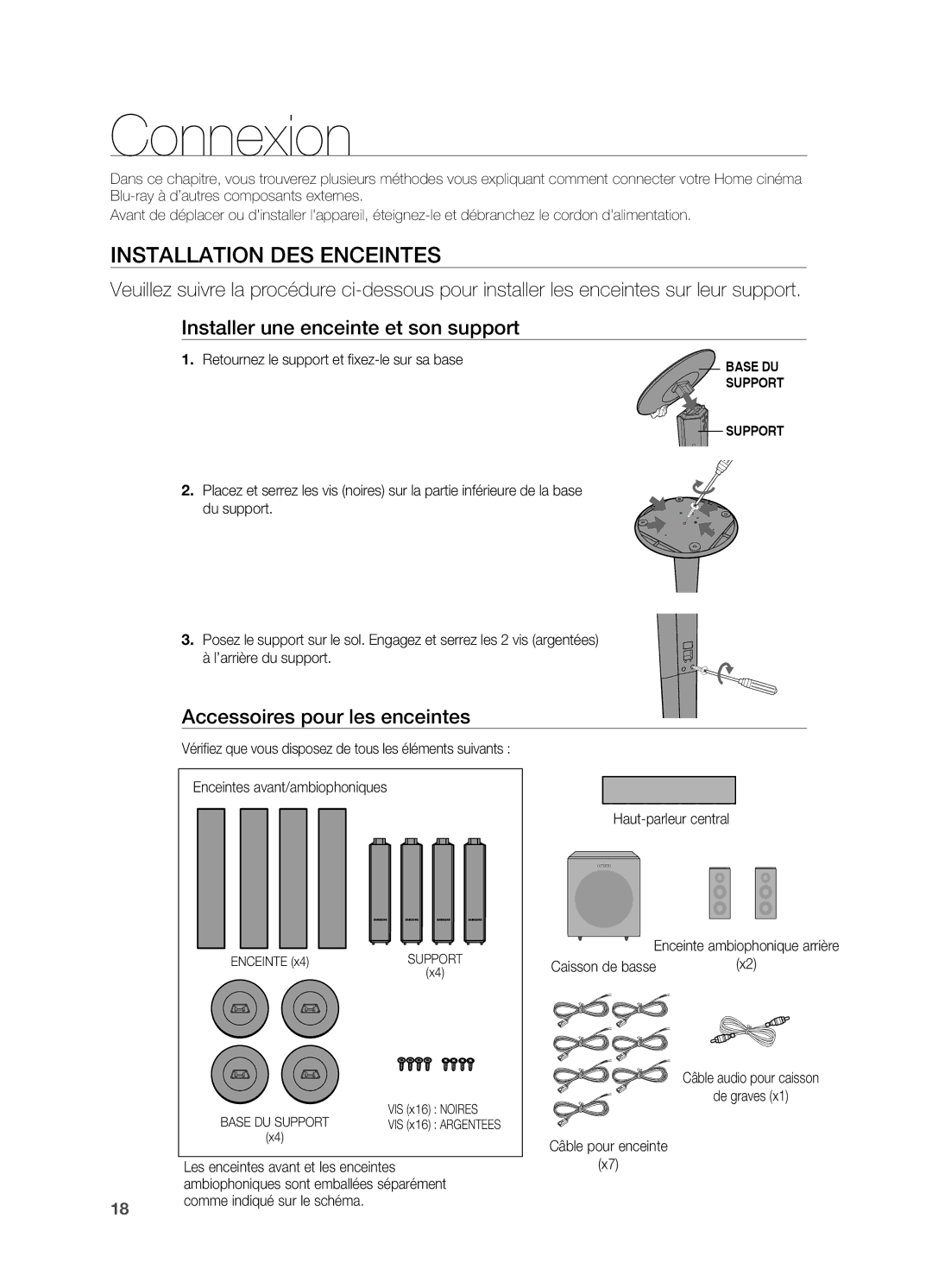 Samsung HT-BD2R/XEF manual Connexion, Installation DES Enceintes, Accessoires pour les enceintes 