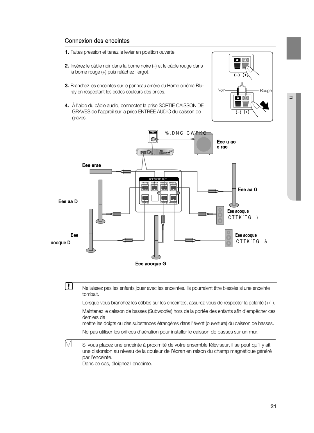 Samsung HT-BD2R/XEF Faites pression et tenez le levier en position ouverte, La borne rouge + puis relâchez l’ergot, Graves 