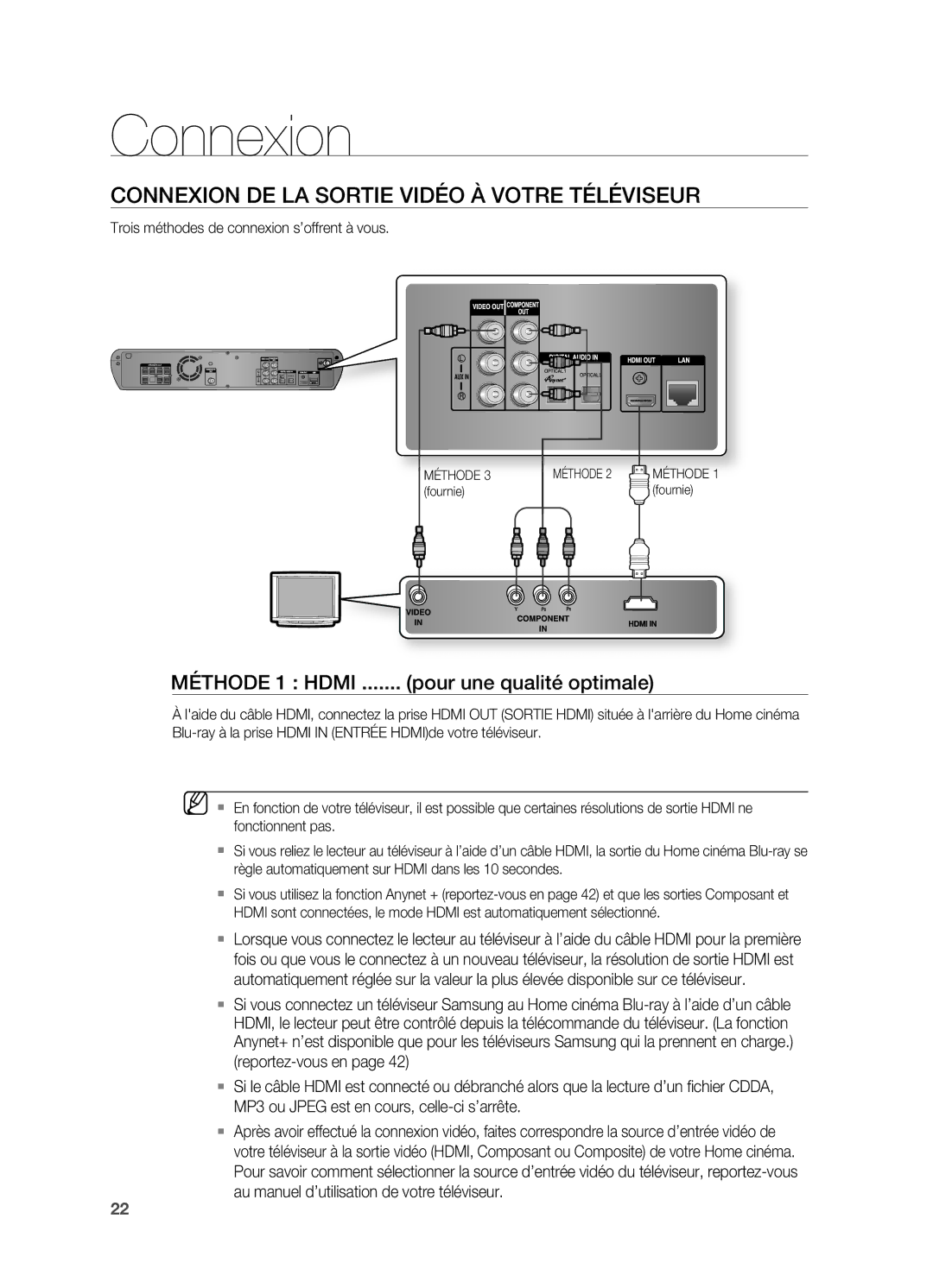 Samsung HT-BD2R/XEF manual Connexion DE LA Sortie Vidéo À Votre Téléviseur, Pour une qualité optimale 