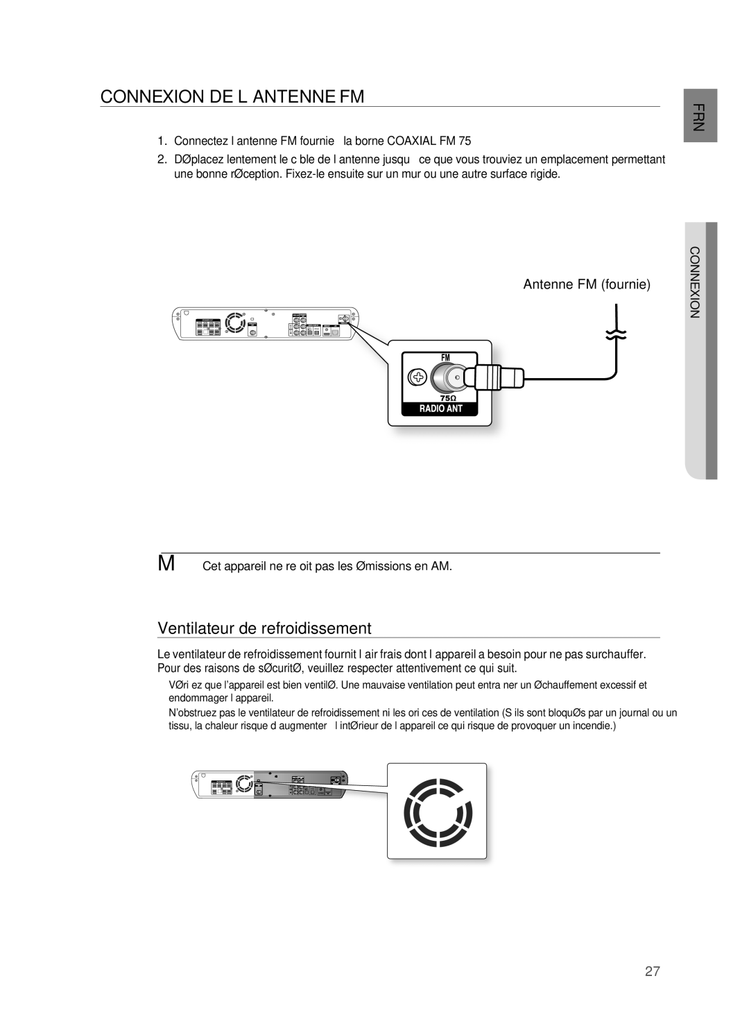 Samsung HT-BD2R/XEF manual Connexion de l’antenne FM, Ventilateur de refroidissement, Antenne FM fournie 