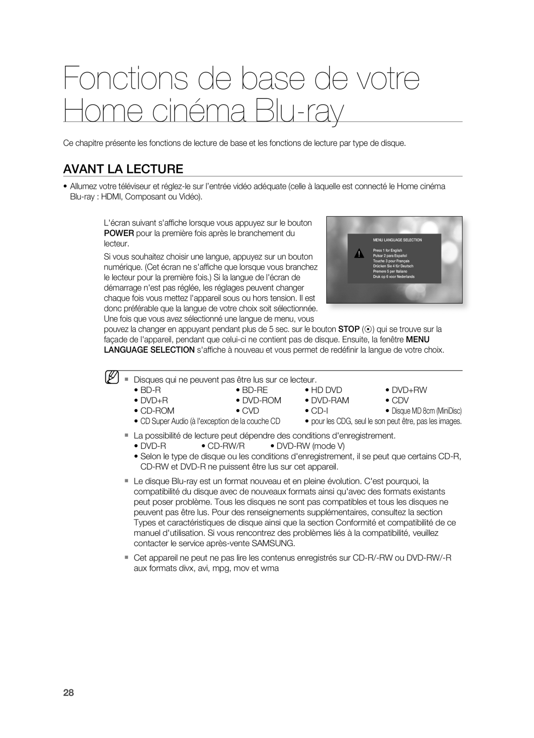 Samsung HT-BD2R/XEF manual Avant LA Lecture, Qui se trouve sur la, Hd Dvd Dvd+Rw Dvd-Rom Dvd-Ram Cdv Cd-Rom Cvd, Cd-I 