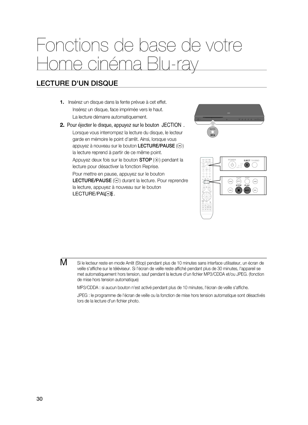 Samsung HT-BD2R/XEF manual Lecture DUN Disque, . Pour éjecter le disque, appuyez sur le bouton Éjection 