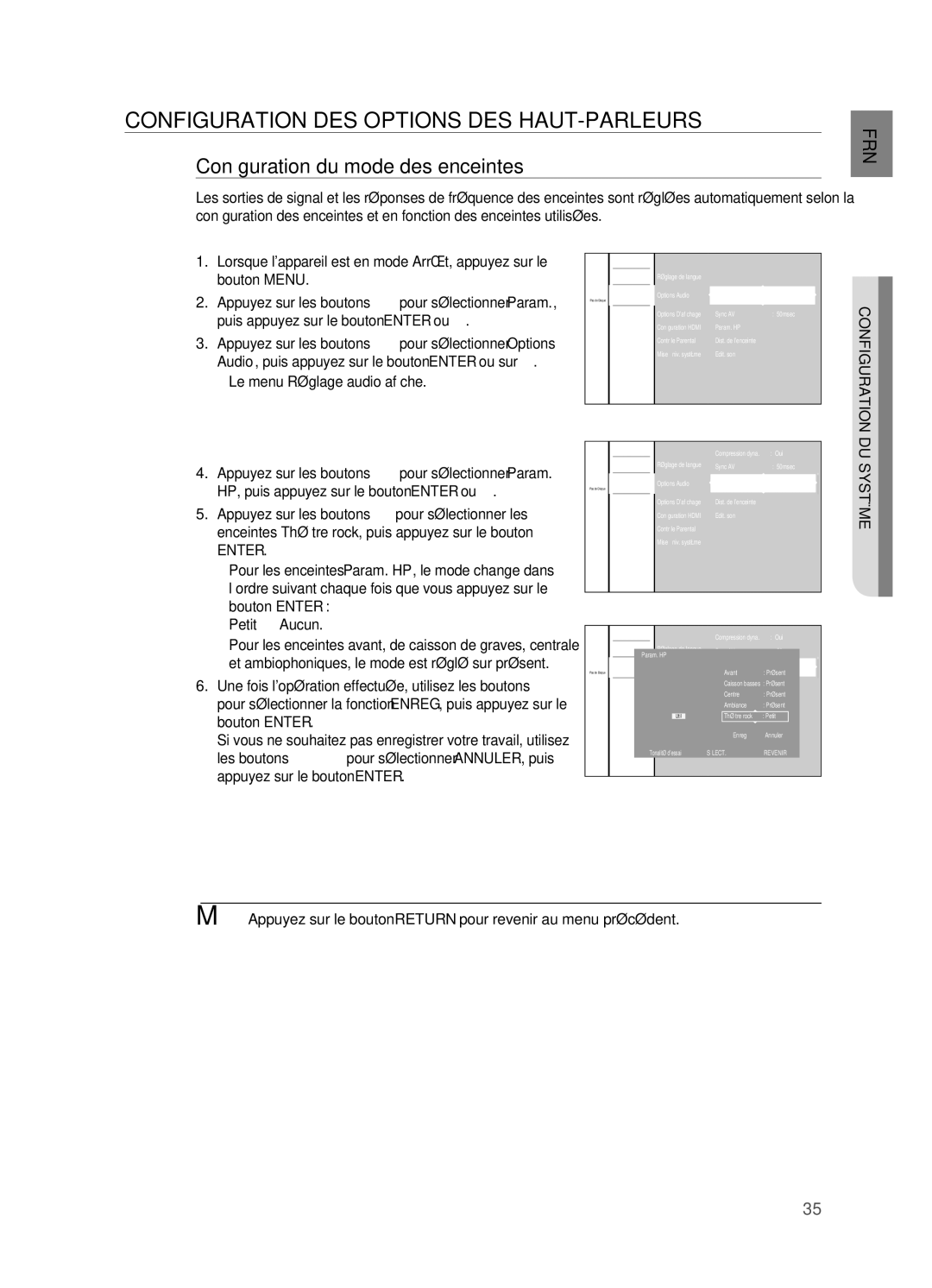 Samsung HT-BD2R/XEF manual Configuration DES Options DES HAUT-PARLEURS, Confi guration du mode des enceintes, Enter 