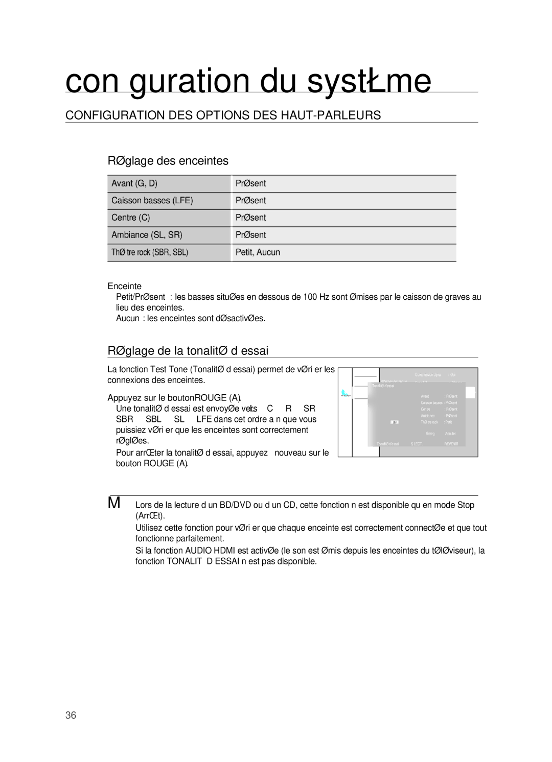 Samsung HT-BD2R/XEF manual Réglage des enceintes, Réglage de la tonalité d’essai 