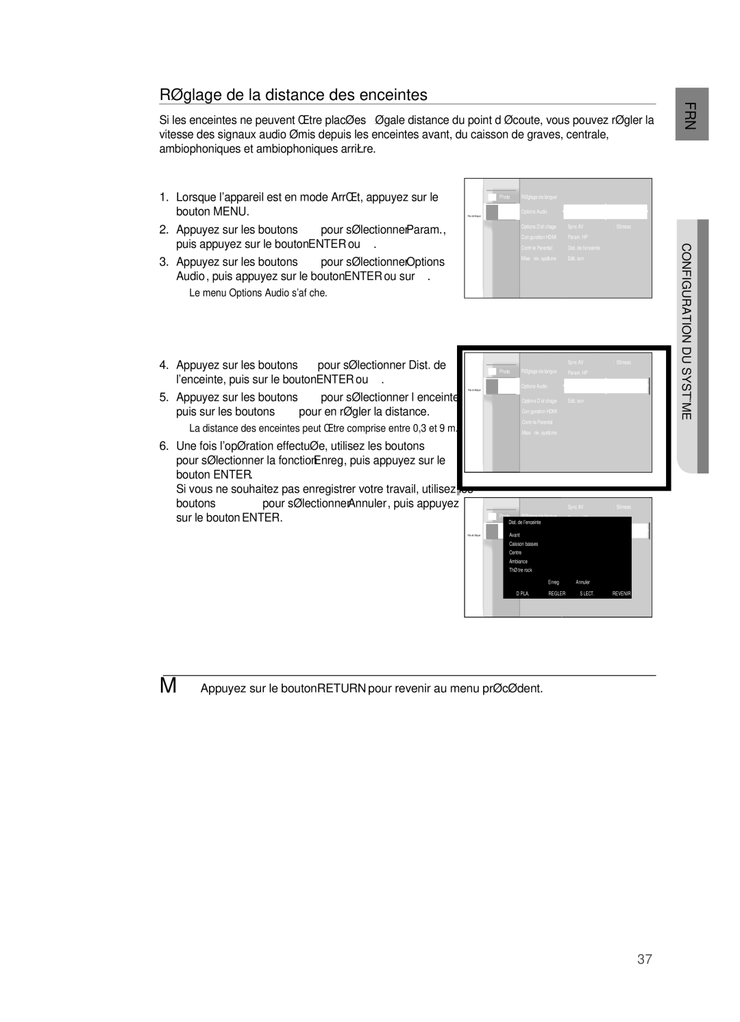 Samsung HT-BD2R/XEF manual Réglage de la distance des enceintes 