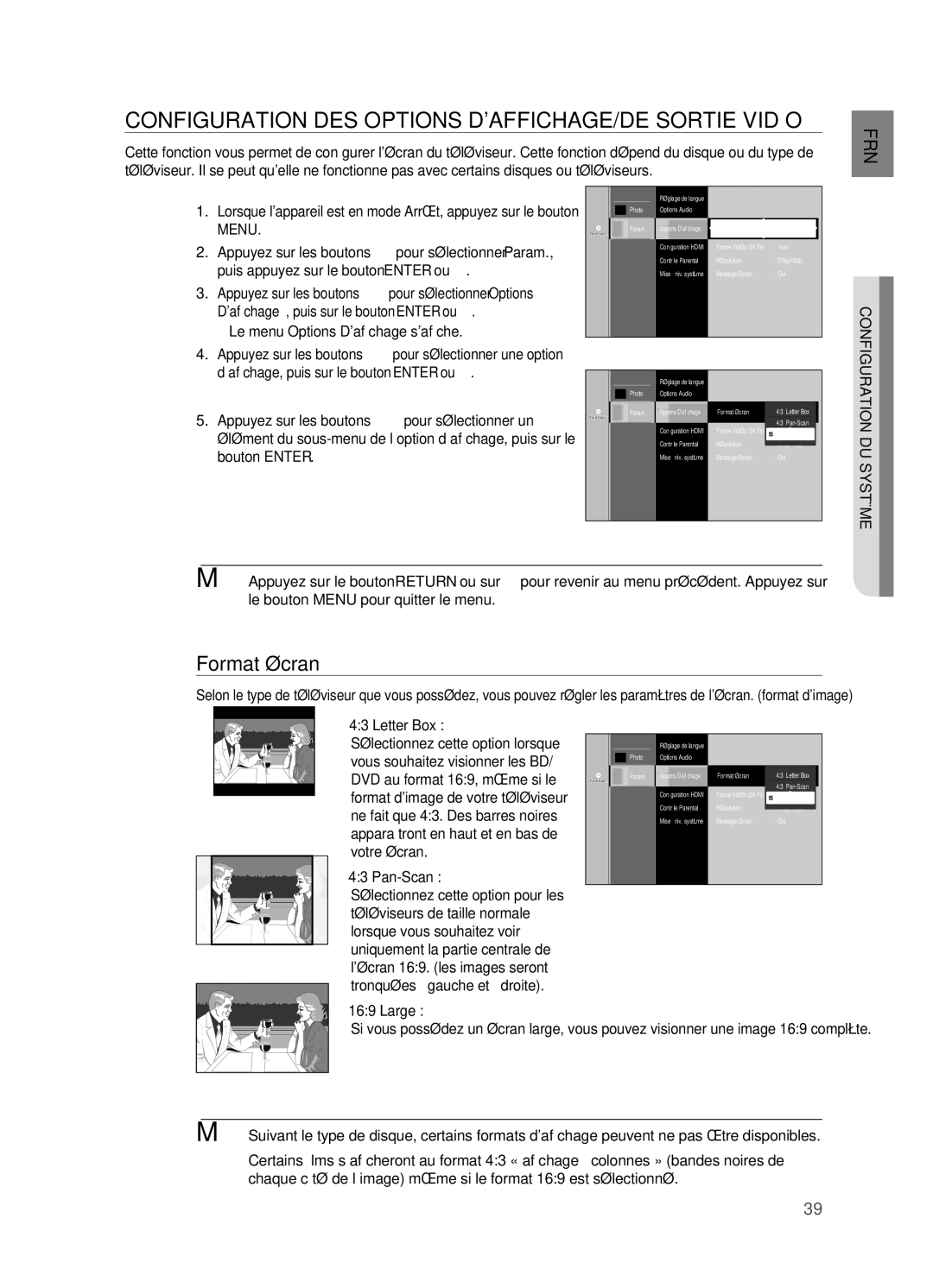 Samsung HT-BD2R/XEF manual Configuration DES Options DAFFICHAGE/DE Sortie Vidéo, Format écran 