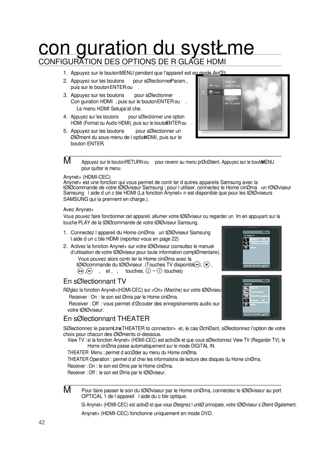 Samsung HT-BD2R/XEF manual Configuration DES Options DE Réglage Hdmi, En sélectionnant TV, En sélectionnant Theater 