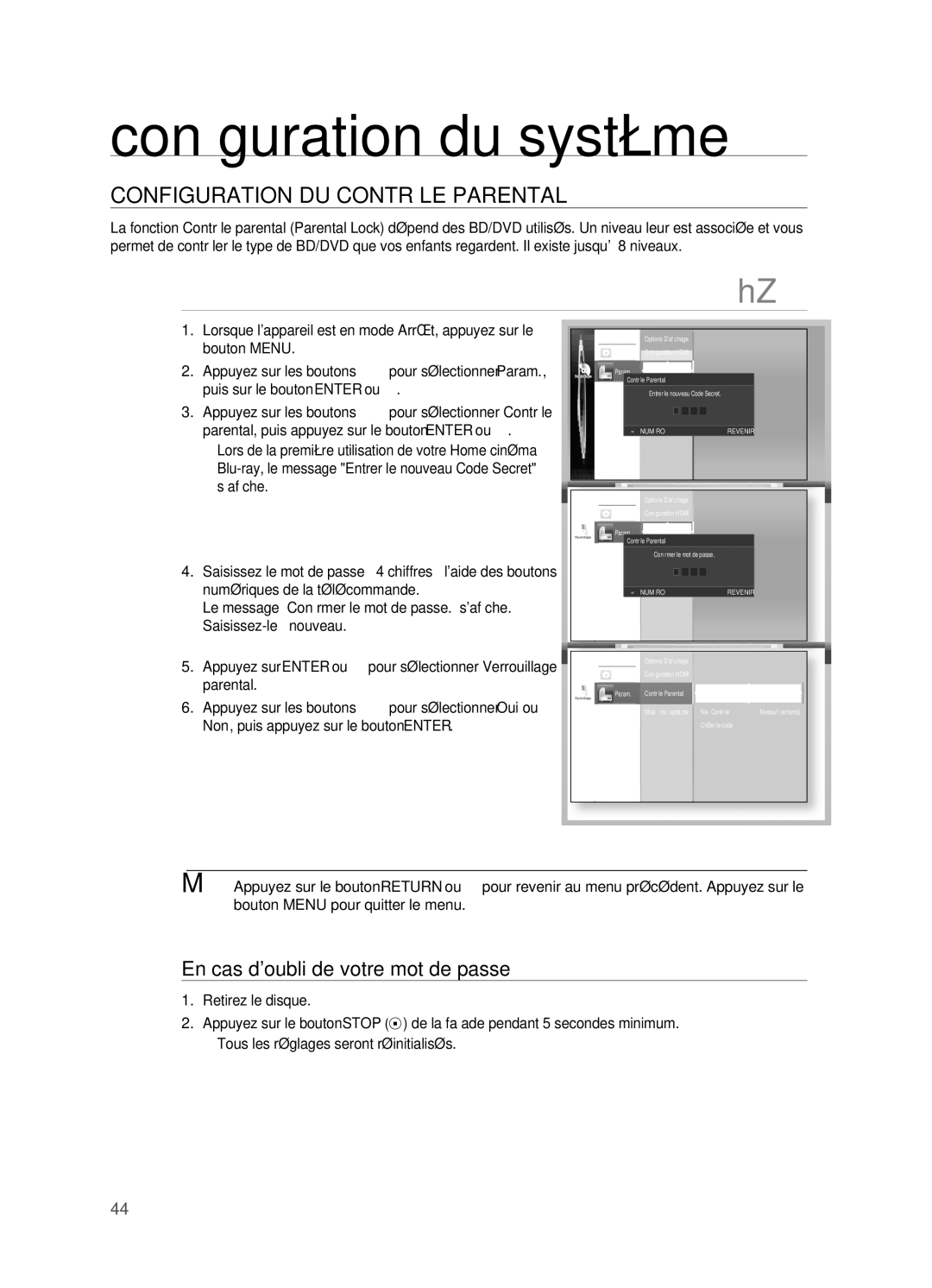 Samsung HT-BD2R/XEF Configuration DU Contrôle Parental, En cas doubli de votre mot de passe, Verrouillage parental Non 