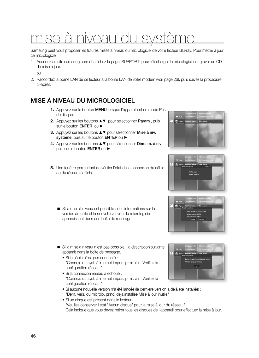 Samsung HT-BD2R/XEF manual Mise à niveau du système, Mise À Niveau DU Micrologiciel, Dém. m. à niv 