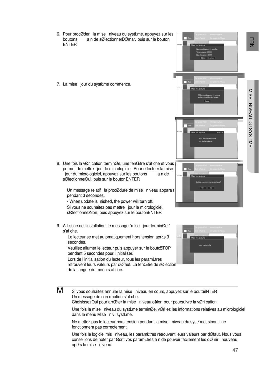 Samsung HT-BD2R/XEF Mise, Sélectionner Oui, puis sur le bouton Enter, Saffi che, Secondes, De la langue du menu s’affi che 