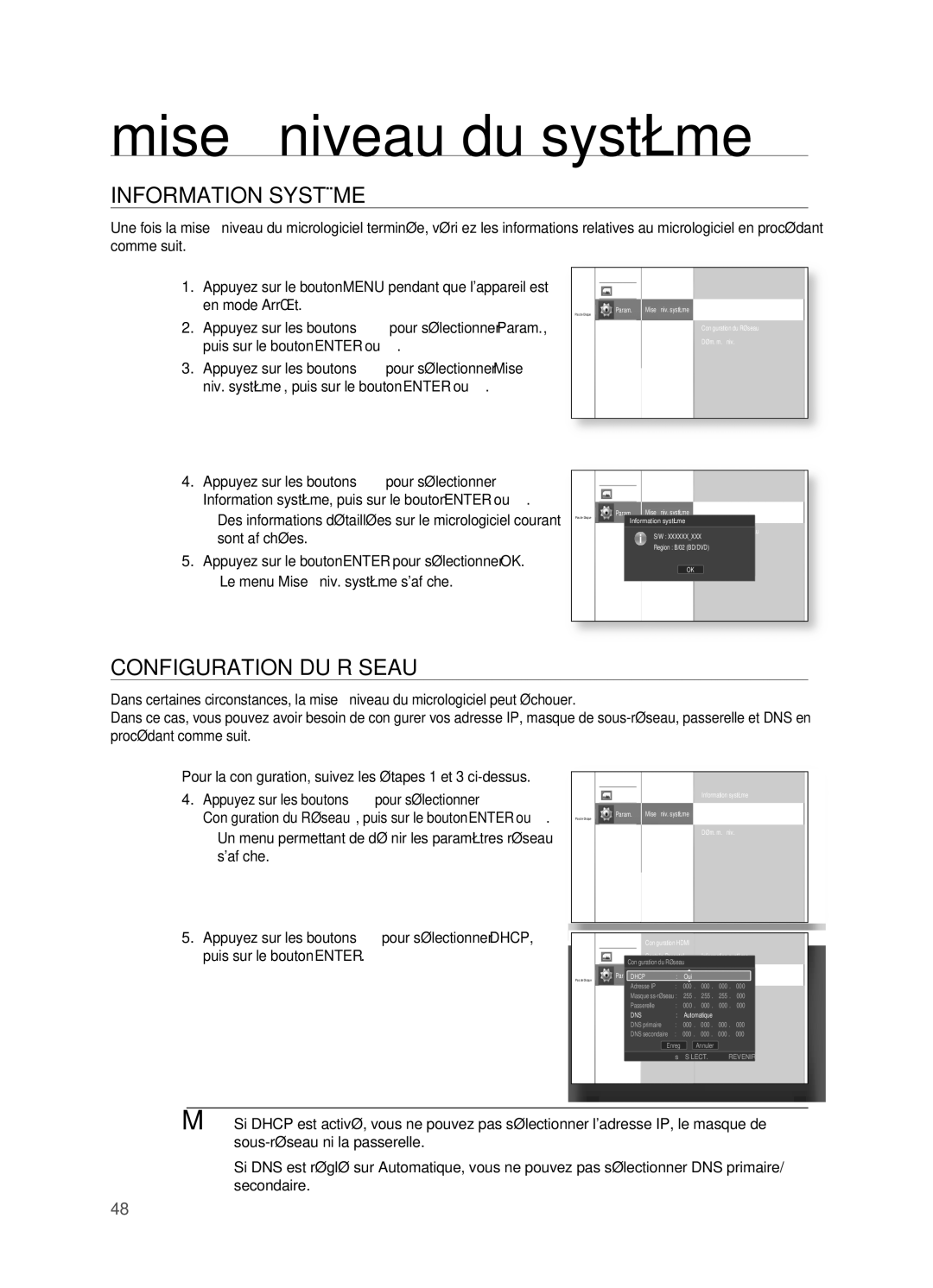 Samsung HT-BD2R/XEF manual Information SYSTèME, Configuration DU Réseau, Information système 