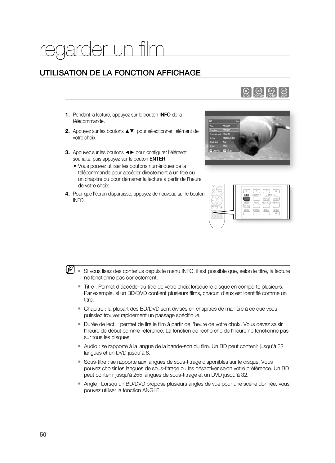 Samsung HT-BD2R/XEF manual Regarder un fi lm, Utilisation DE LA Fonction Affichage 