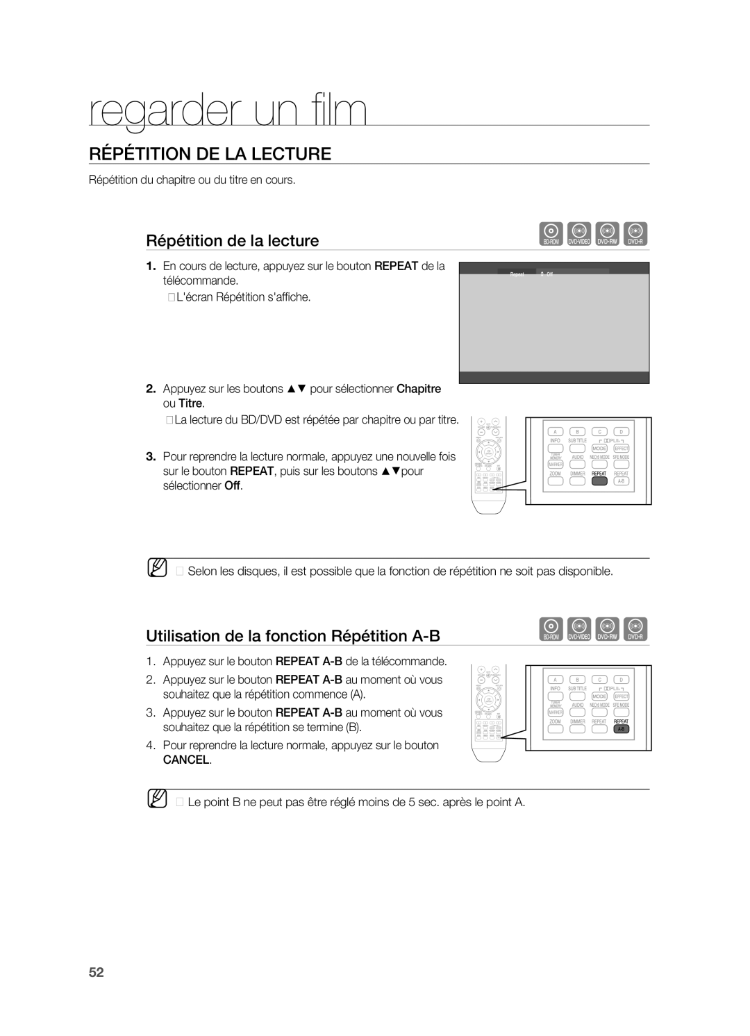 Samsung HT-BD2R/XEF Répétition DE LA Lecture, Répétition de la lecture, Utilisation de la fonction Répétition A-B, Cancel 