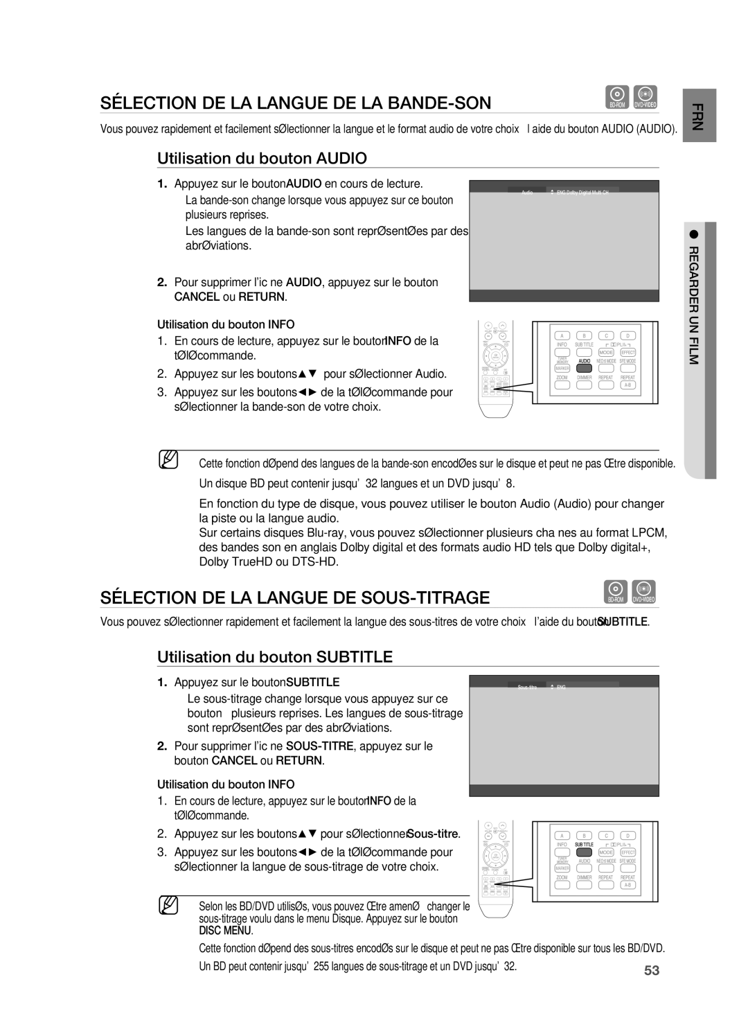 Samsung HT-BD2R/XEF manual Sélection DE LA Langue DE LA BANDE-SON, Sélection DE LA Langue DE SOUS-TITRAGE, Disc Menu 