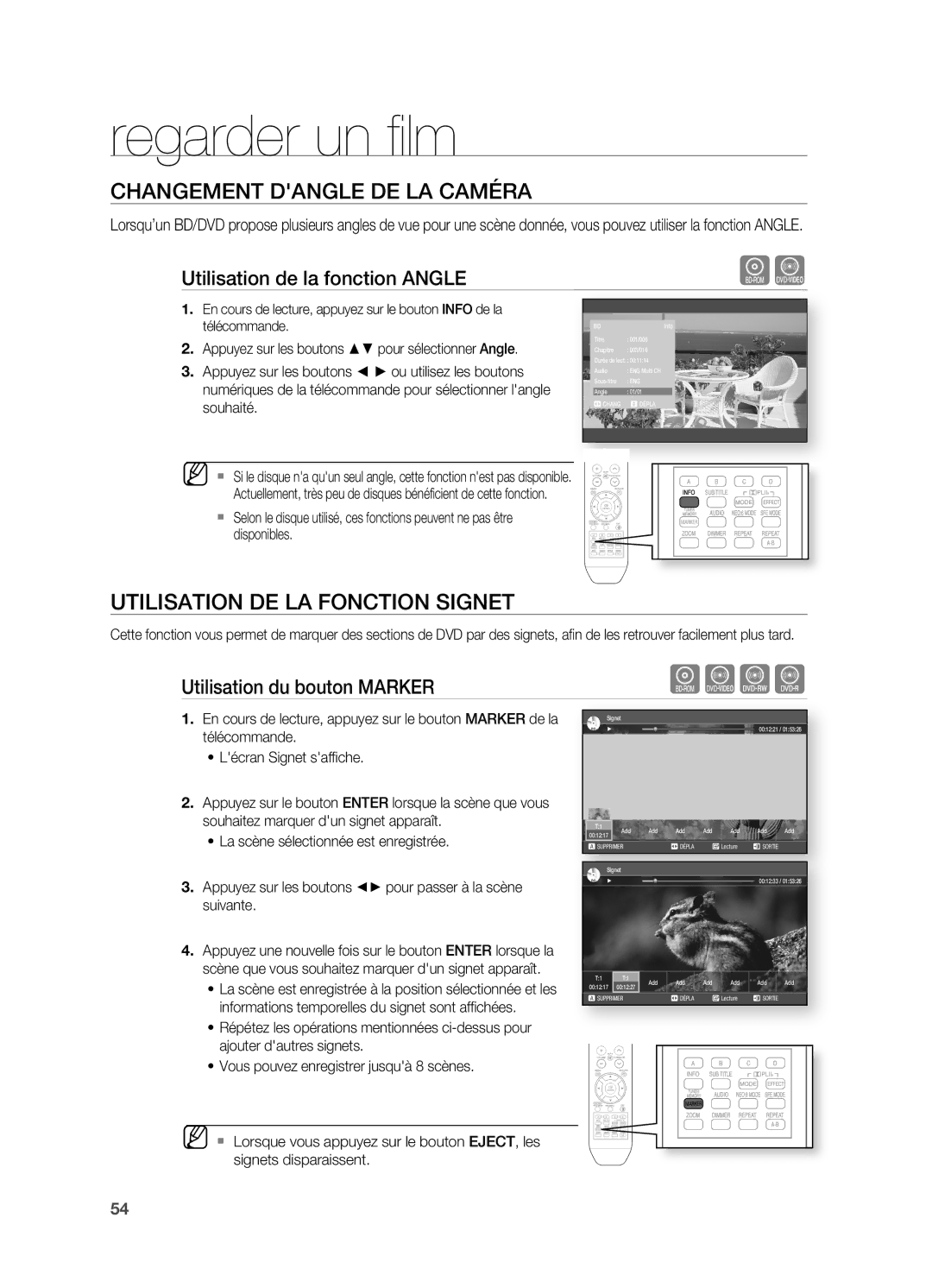 Samsung HT-BD2R/XEF Changement Dangle DE LA Caméra, Utilisation DE LA Fonction Signet, Utilisation de la fonction Angle 