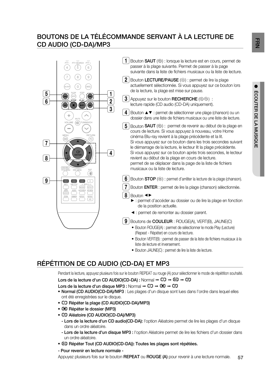 Samsung HT-BD2R/XEF manual Répétition DE CD Audio CD-DA et MP3 