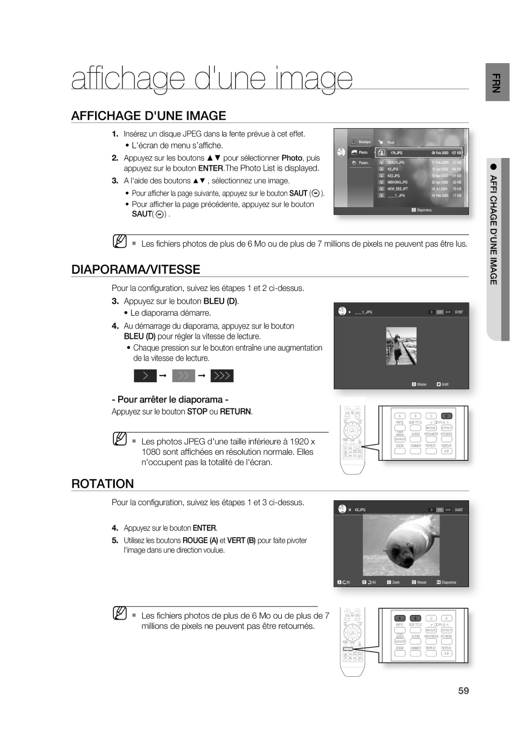 Samsung HT-BD2R/XEF Affi chage dune image, Affichage Dune Image, Diaporama/Vitesse, Rotation, Pour arrêter le diaporama 