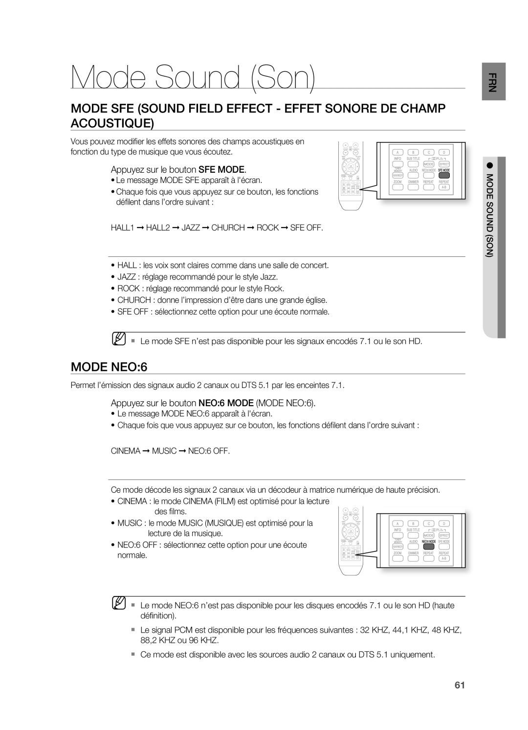 Samsung HT-BD2R/XEF manual Mode Sound Son, Appuyez sur le bouton SFE Mode, Appuyez sur le bouton NEO6 Mode Mode NEO6 