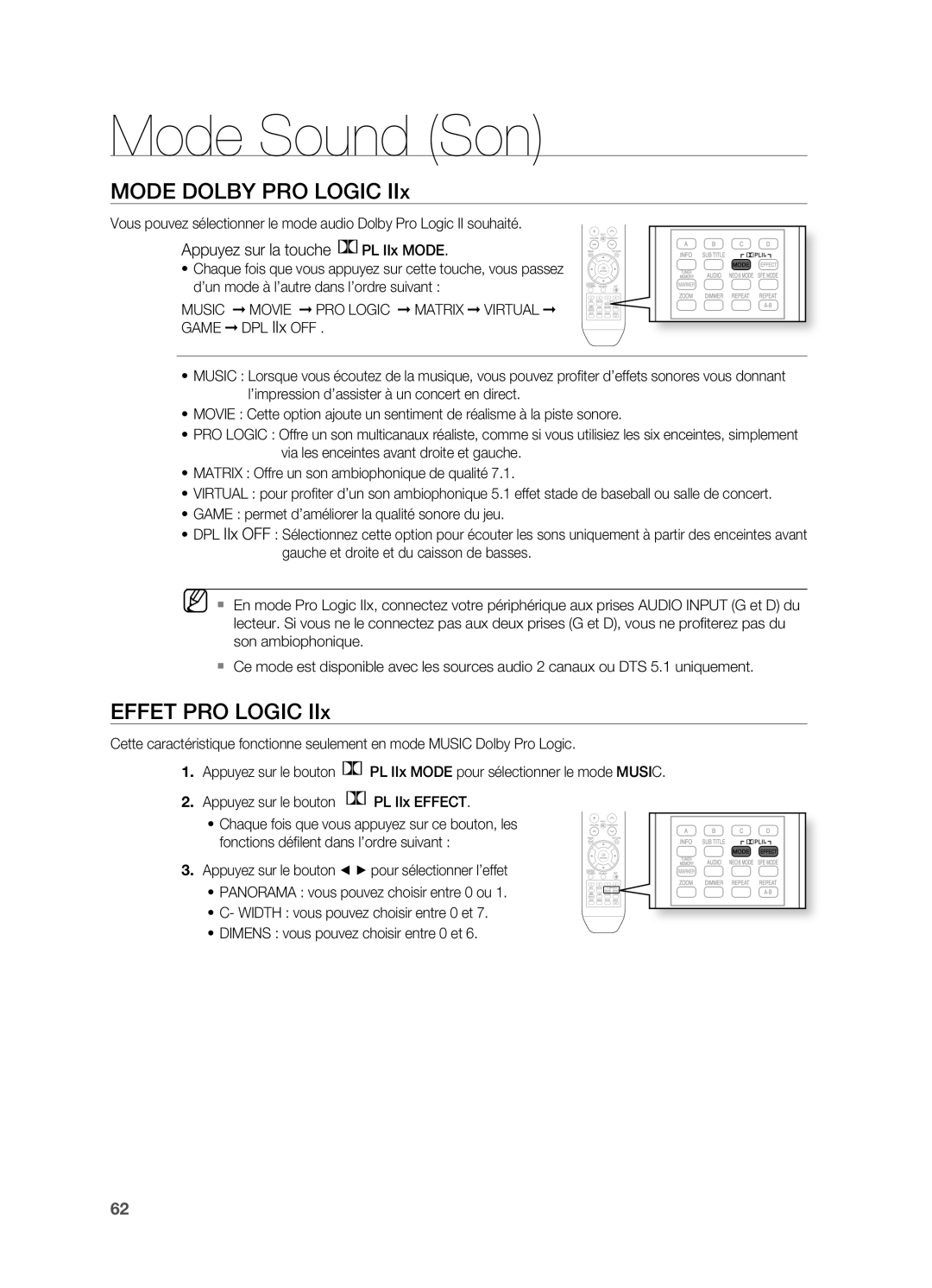 Samsung HT-BD2R/XEF manual Mode Dolby PRO Logic, Effet PRO Logic, Appuyez sur la touche PL IIx Mode 