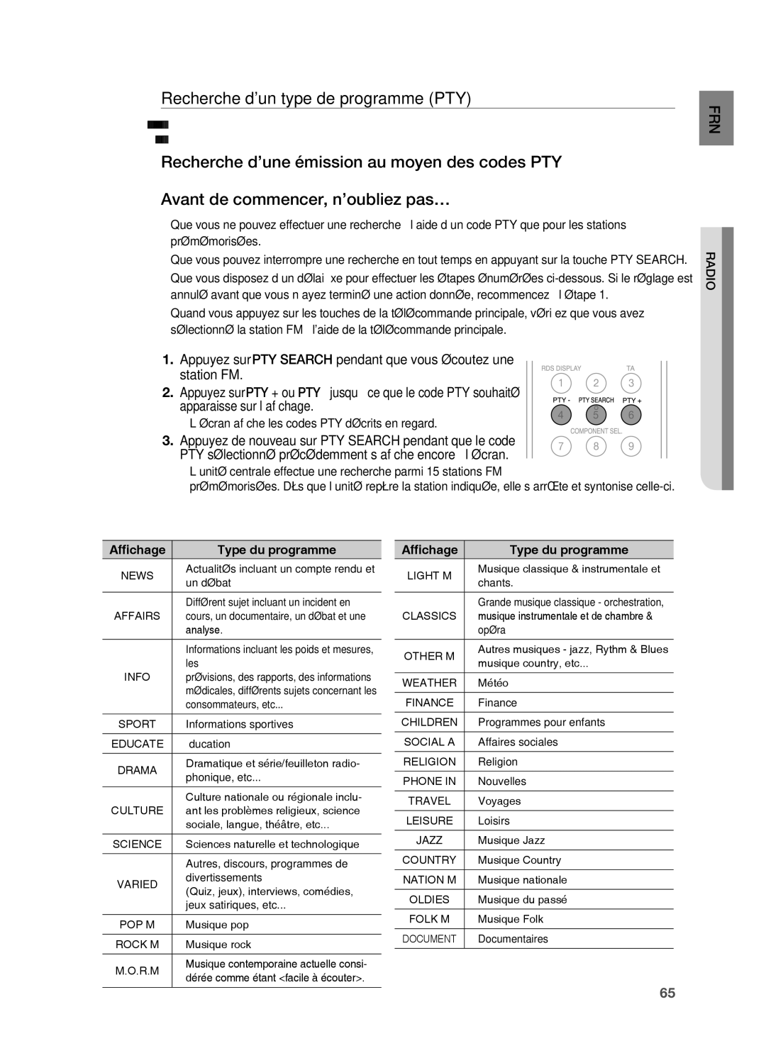 Samsung HT-BD2R/XEF manual Recherche dun type de programme PTY, ’écran affiche les codes PTY décrits en regard, Radio 