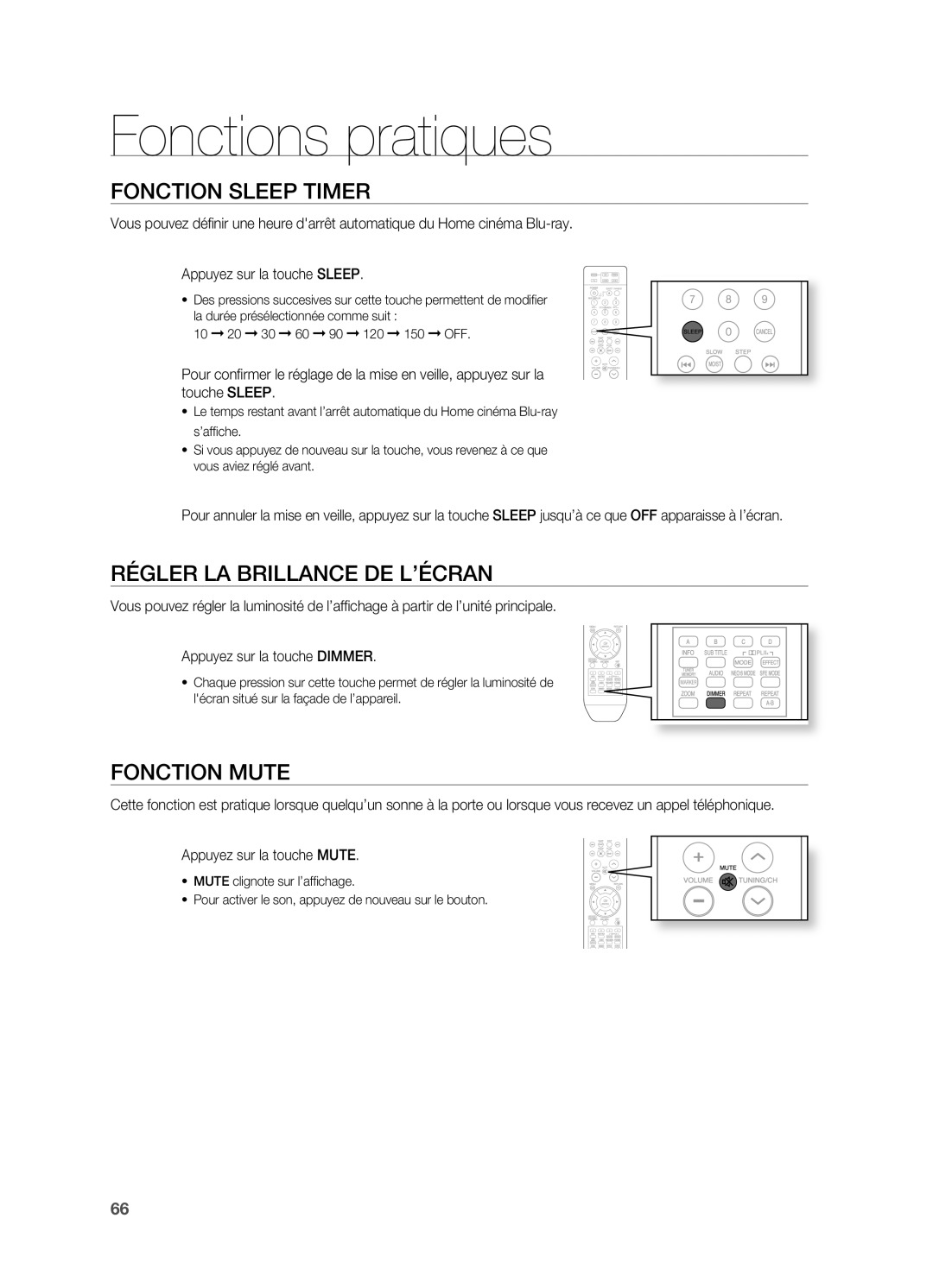 Samsung HT-BD2R/XEF manual Fonctions pratiques, Fonction Sleep Timer, Régler LA Brillance DE L’ÉCRAN, Fonction Mute 