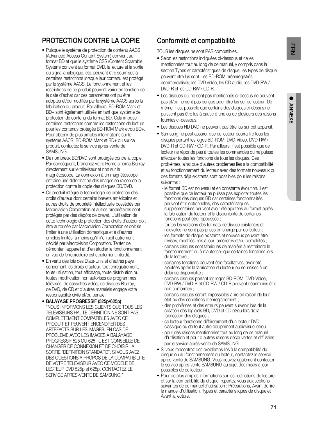 Samsung HT-BD2R/XEF manual Protection Contre LA Copie, Conformité et compatibilité, Samsung, Balayage Progressif 525p/625p 