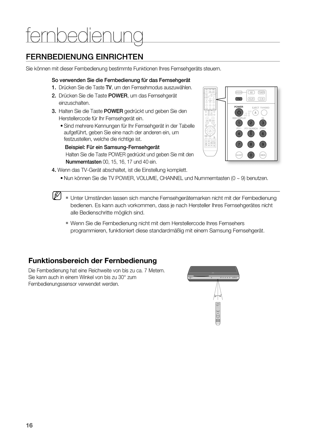 Samsung HT-BD2R/XEF manual Fernbedienung Einrichten, Funktionsbereich der fernbedienung 