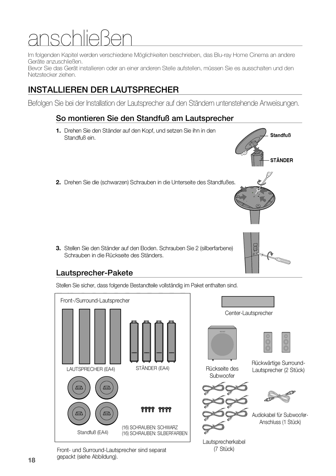 Samsung HT-BD2R/XEF manual Anschließen, Installieren DER Lautsprecher, So montieren Sie den Standfuß am Lautsprecher 