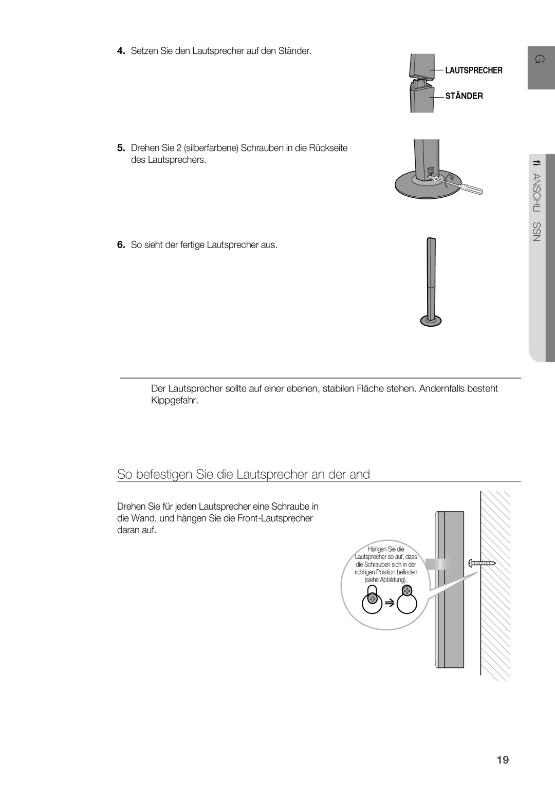 Samsung HT-BD2R/XEF manual So befestigen Sie die Lautsprecher an der Wand, . Setzen Sie den Lautsprecher auf den Ständer 