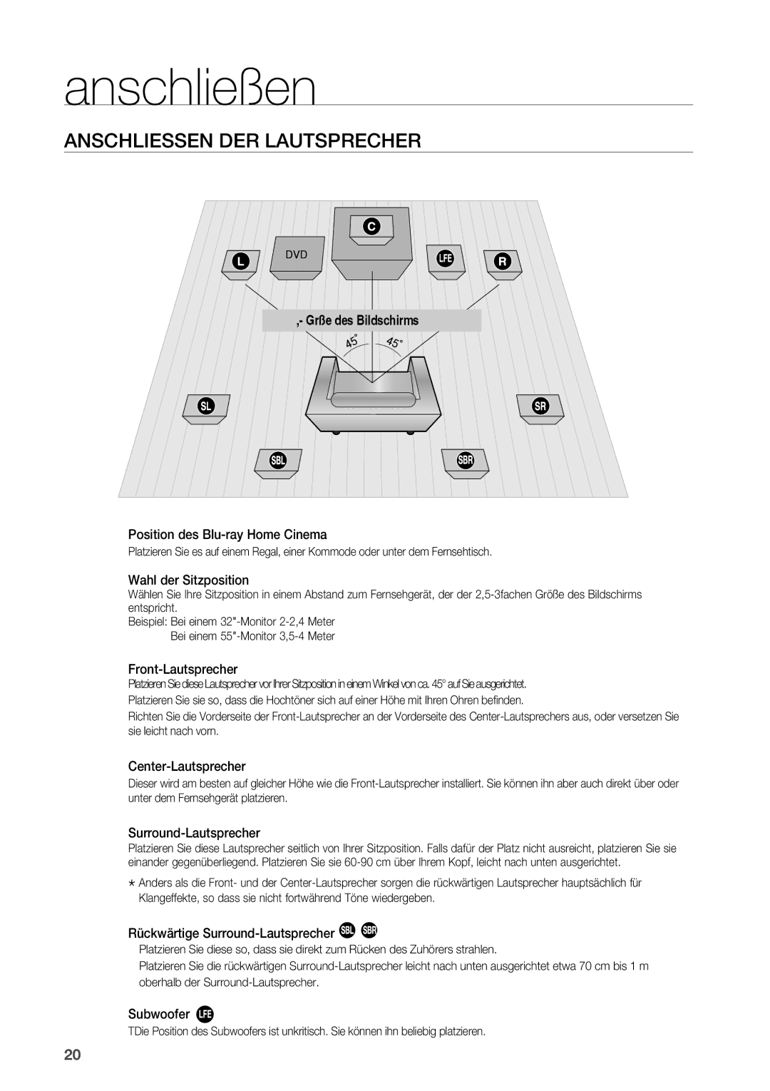 Samsung HT-BD2R/XEF manual Anschliessen der Lautsprecher 