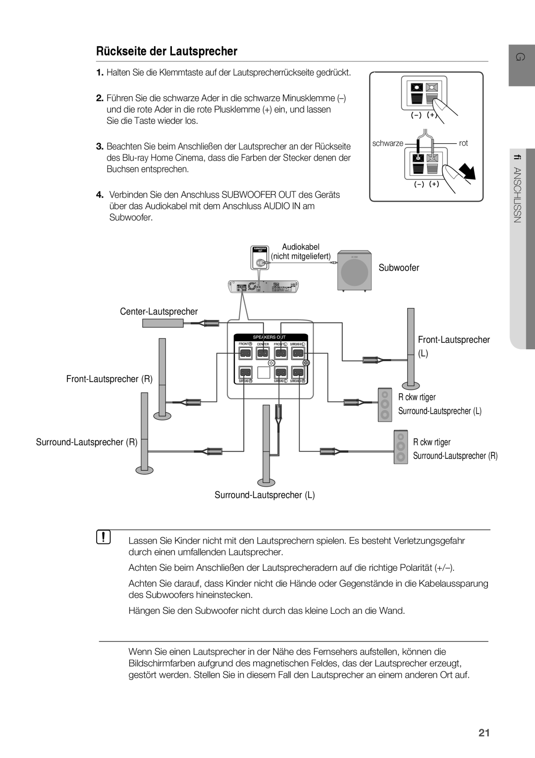 Samsung HT-BD2R/XEF manual Rückseite der Lautsprecher, Anschliessen 