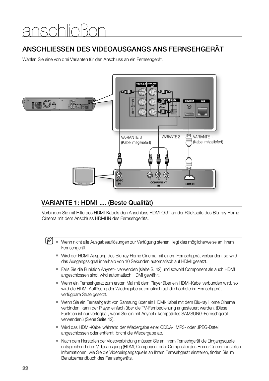 Samsung HT-BD2R/XEF manual Anschliessen DES Videoausgangs ANS Fernsehgerät, Variante 1 Hdmi .... Beste Qualität 