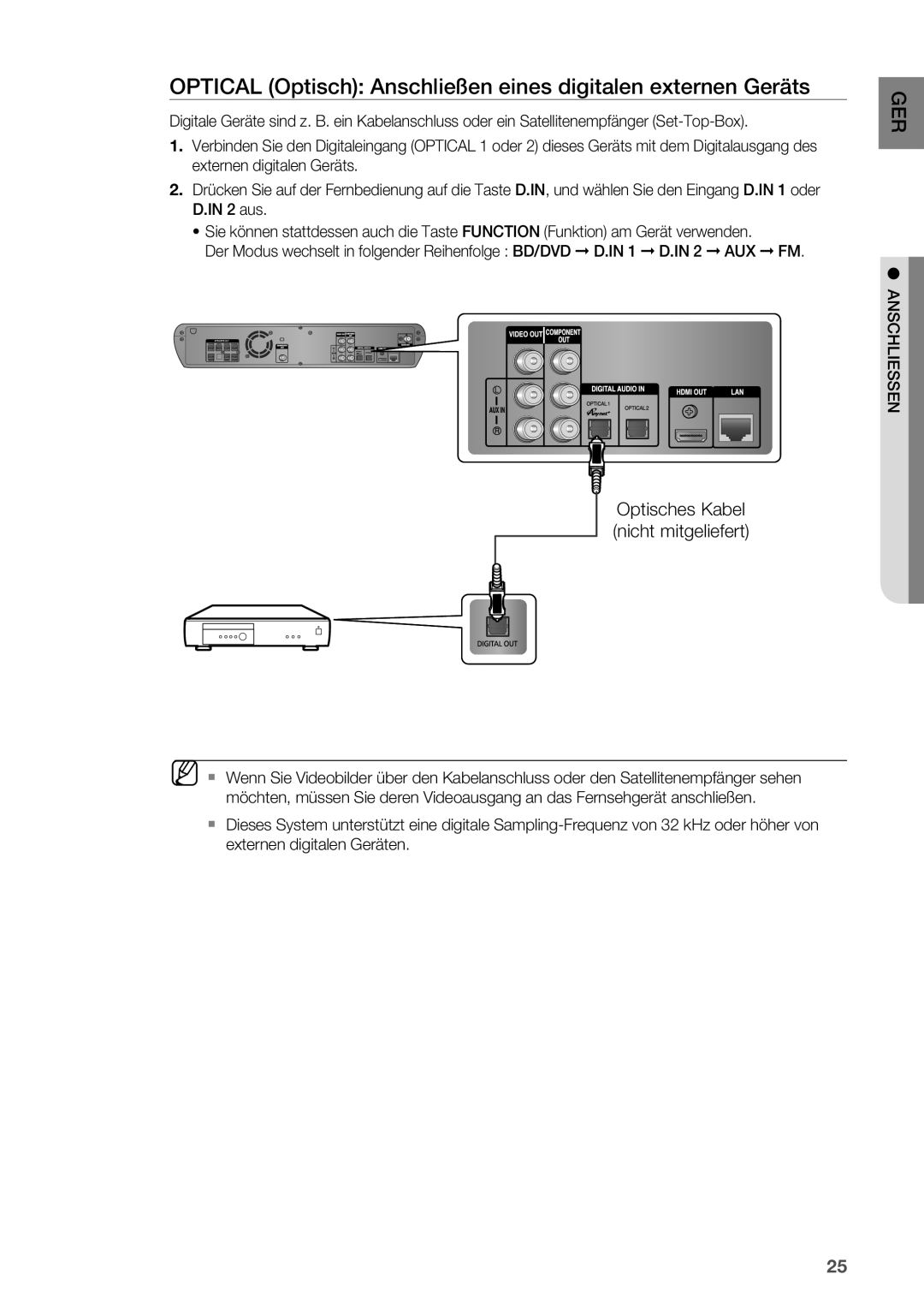 Samsung HT-BD2R/XEF manual Optical Optisch Anschließen eines digitalen externen Geräts, Optisches Kabel nicht mitgeliefert 