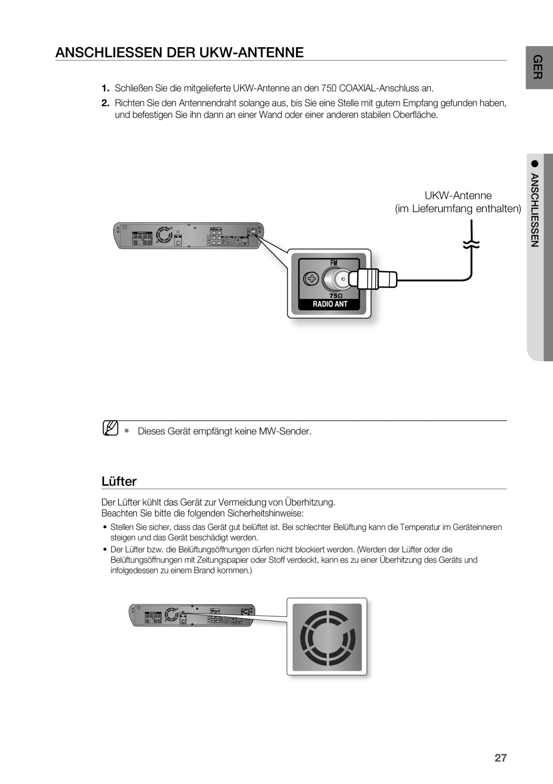 Samsung HT-BD2R/XEF manual Anschliessen der UKW-Antenne, Lüfter, UKW-Antenne Im Lieferumfang enthalten 