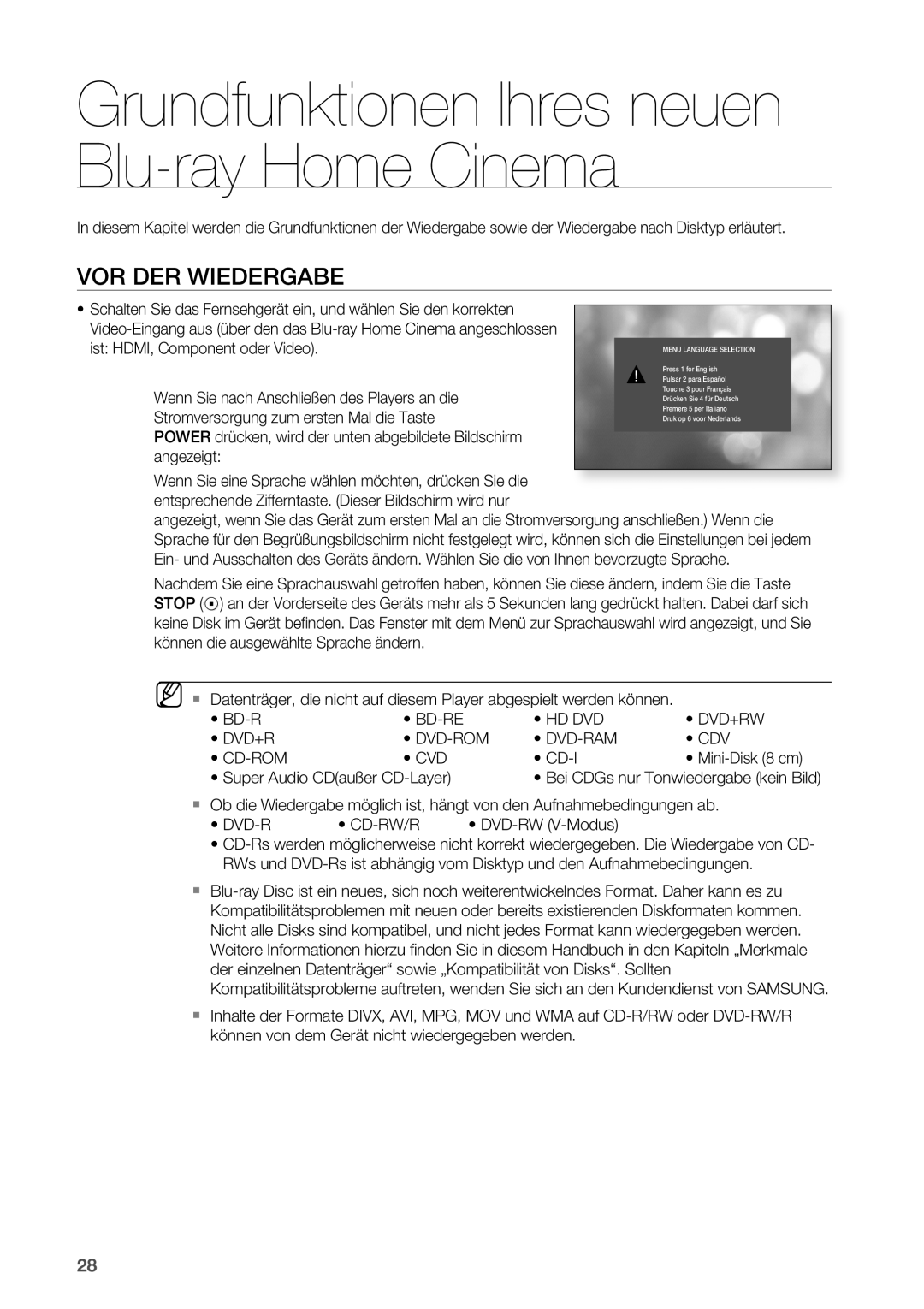 Samsung HT-BD2R/XEF manual VOR DER Wiedergabe, Bd-Re Hd Dvd Dvd+Rw Dvd-Rom Dvd-Ram Cdv Cd-Rom Cvd 