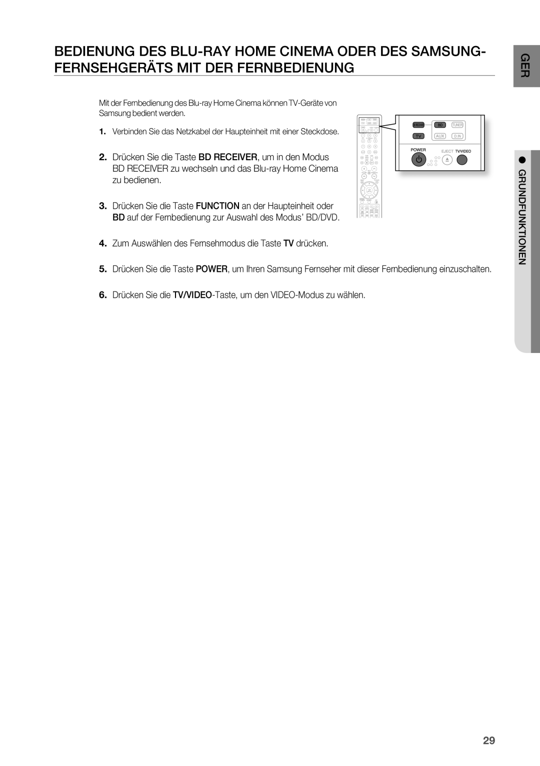 Samsung HT-BD2R/XEF manual . Zum Auswählen des Fernsehmodus die Taste TV drücken, Grundfunktionen 