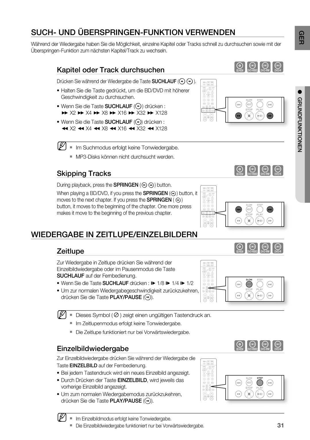 Samsung HT-BD2R/XEF manual SUCH- UND üBERSPRINGEN-FUNKTION Verwenden, Wiedergabe in zEITLUPE/EINzELBILDERN 