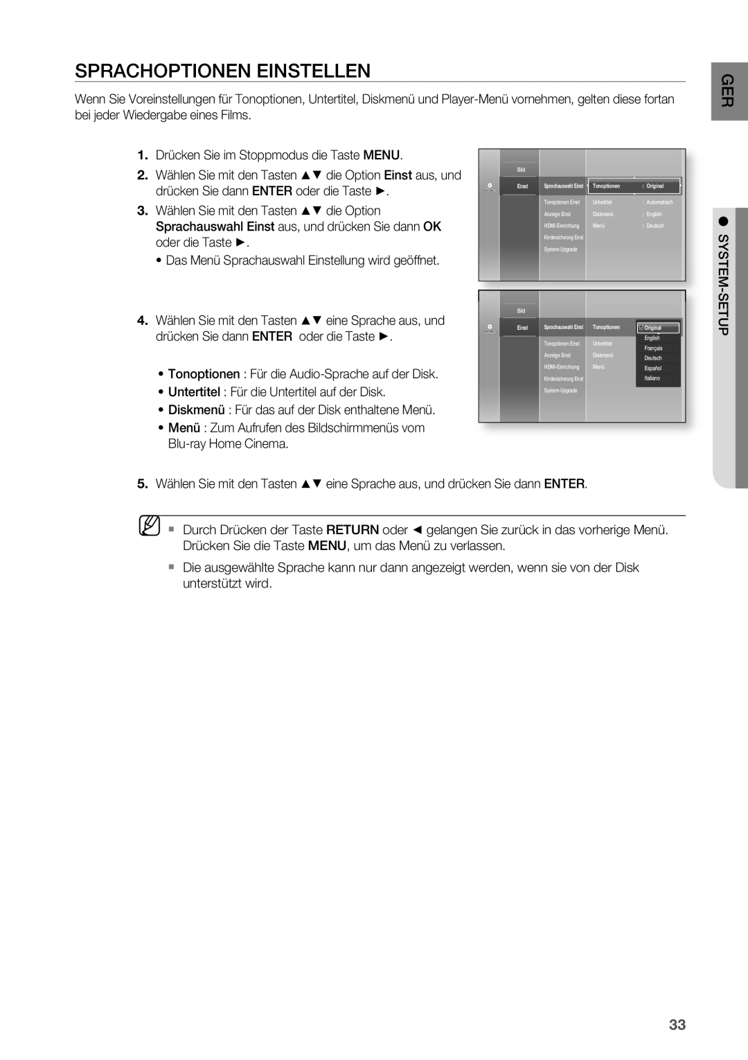 Samsung HT-BD2R/XEF manual Sprachoptionen Einstellen, System, Setup 
